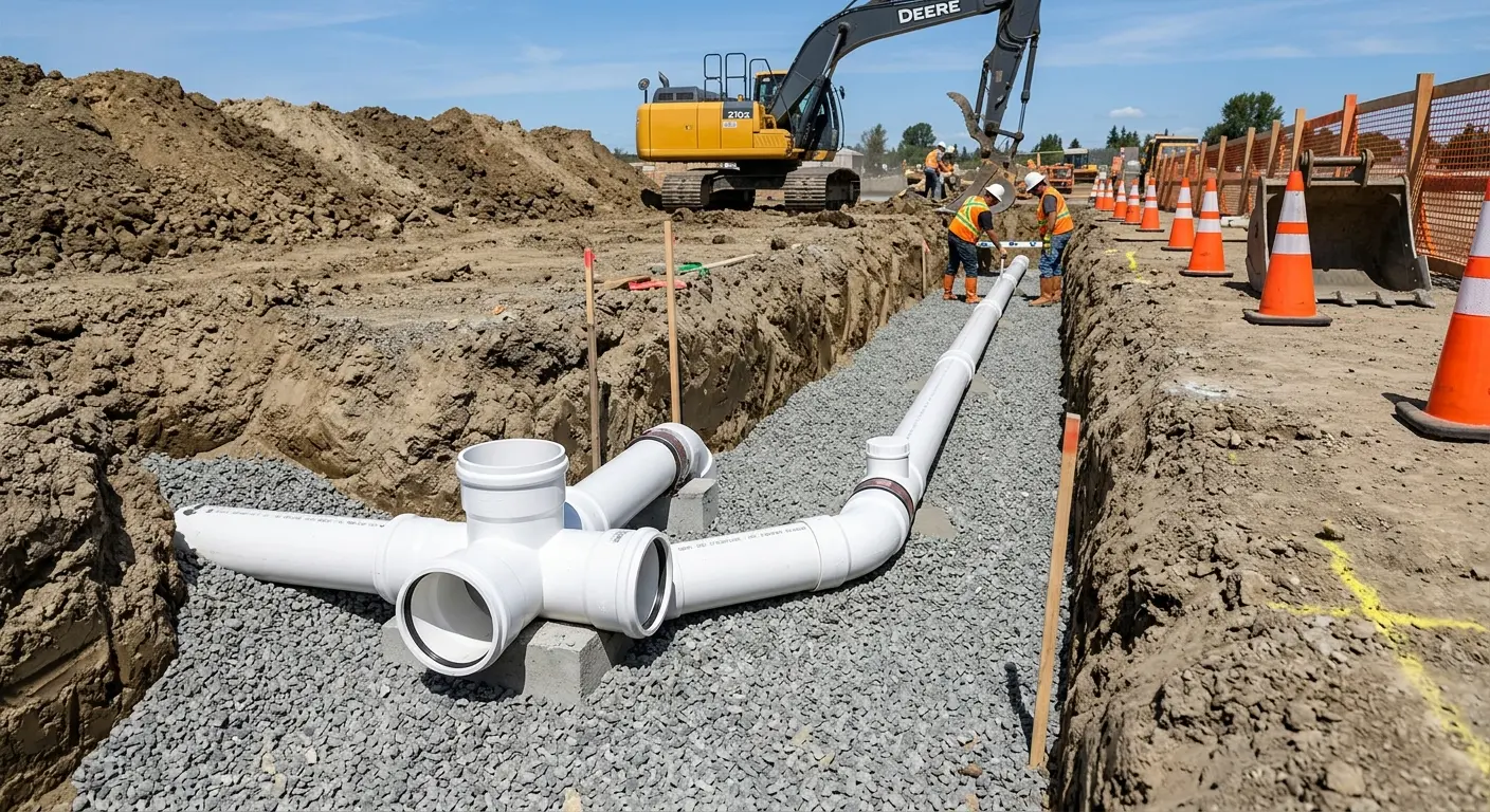 New PVC sewer pipe installation in open trench for Sewer Backup in Othello