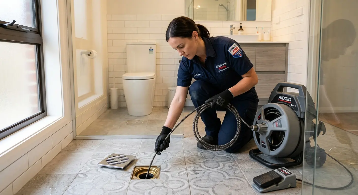 Technician clearing a bathroom floor drain for Drain Cleaning in Othello
